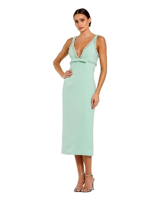 Mac Duggal Women's Crepe Fitted Midi Dress With Bow And Beaded Trim