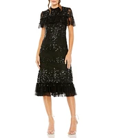 Mac Duggal Women's Sequined High Neck Ruffled Flutter Sleeve Midi Dress