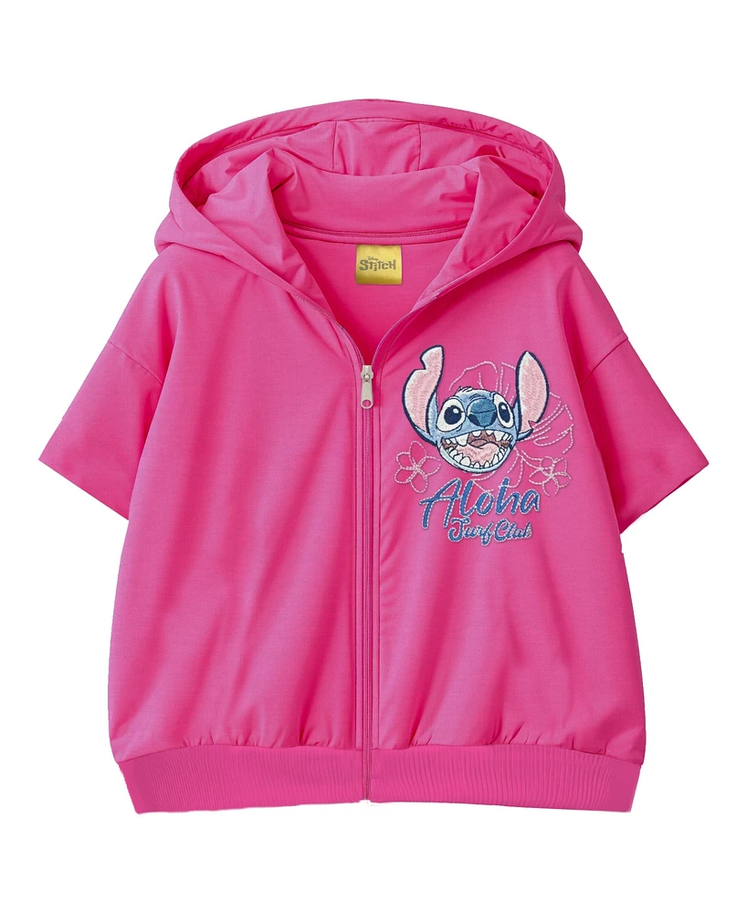 Disney Big Girls Stitch Short Sleeve Embroidered Chief Value Cotton French Terry Hoodie