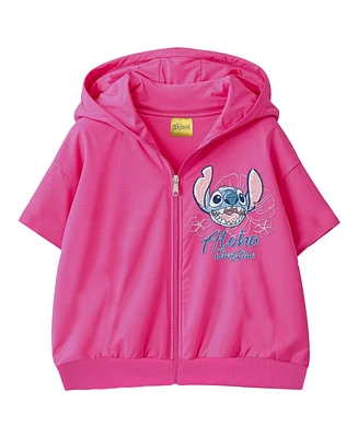Disney Big Girls Stitch Short Sleeve Embroidered Chief Value Cotton French Terry Hoodie