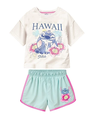 Disney Toddler and Little Girls 2-Piece Stitch Kauai Chief Value Cotton T-Shirt French Terry Shorts Set