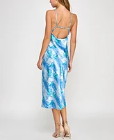 pear culture Juniors' Printed Satin High-Neck Sleeveless Midi Dress