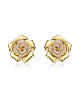 14K Gold Plated with Clear Cubic Zirconia Accents Flower Earrings