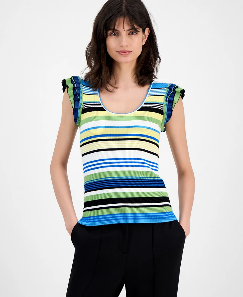 T Tahari Women's Striped Flutter-Sleeve Scoop-Neck Top