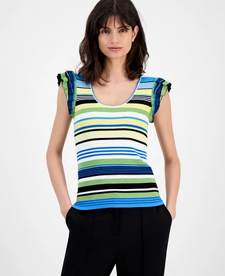 T Tahari Women's Striped Flutter-Sleeve Scoop-Neck Top