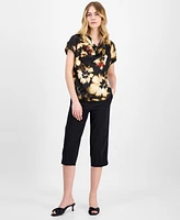 Anne Klein Women's Floral-Print Cowlneck Short-Sleeve Blouse, Created for Macy's