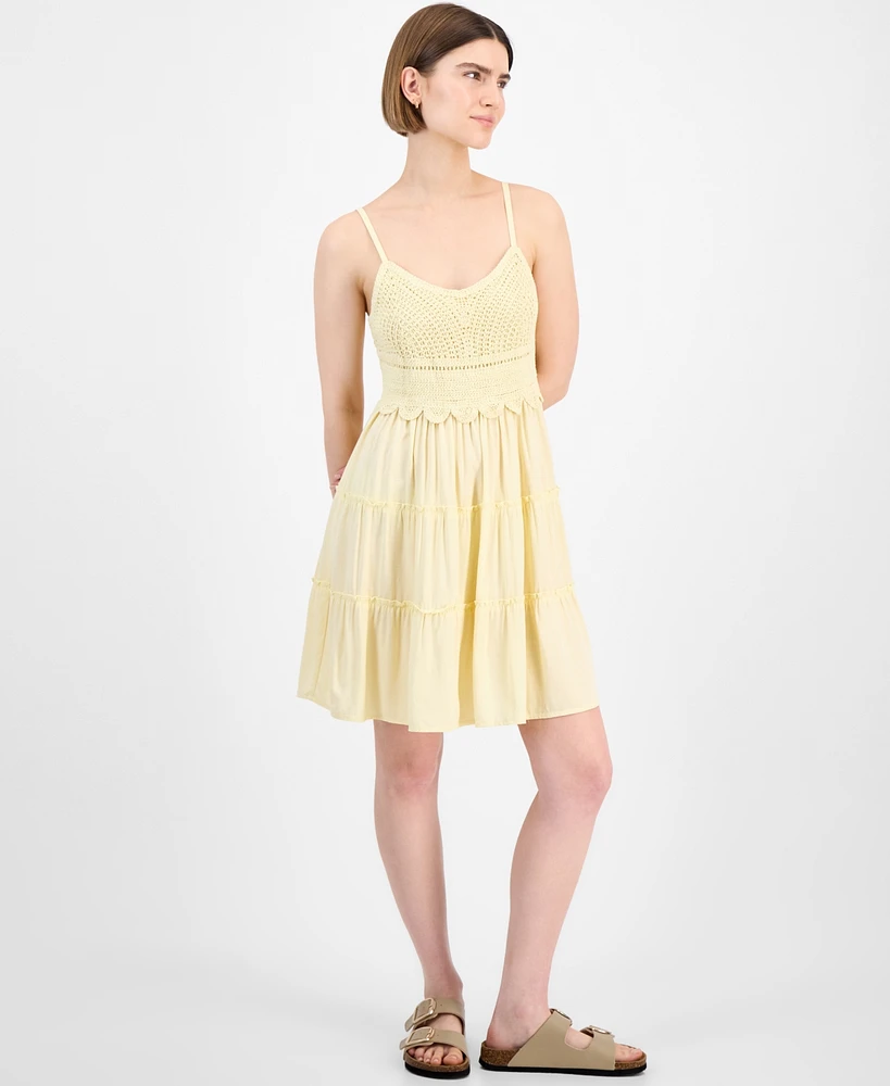 Pink Rose Juniors' Crochet-Bodice Tiered Mini Dress