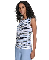 Calvin Klein Petite Striped Pleated-Neck Top