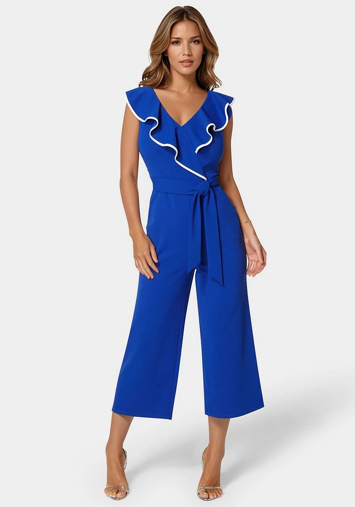 Bebe Women's Scuba Crepe Ruffle V-Neck Jumpsuit