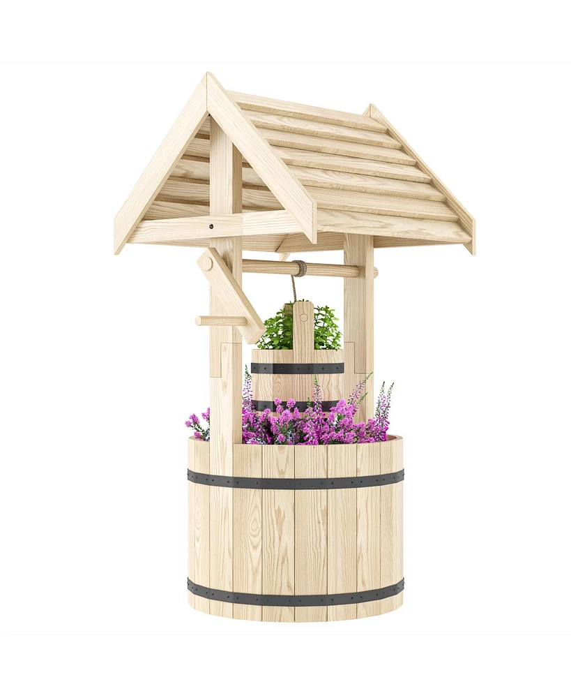 Outsunny Wishing Well Planter with Bucket, Wooden Wishing Well, Natural