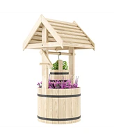 Outsunny Wishing Well Planter with Bucket, Wooden Wishing Well, Natural
