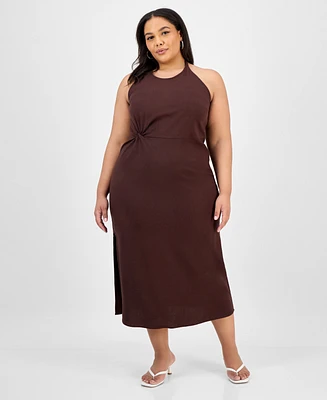 Bar Iii Trendy Plus Halter-Neck Linen-Blend Midi Dress, Exclusively at Macy's