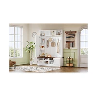 3-in-1 Hall Tree and Bench with 6 Hooks and Shelves