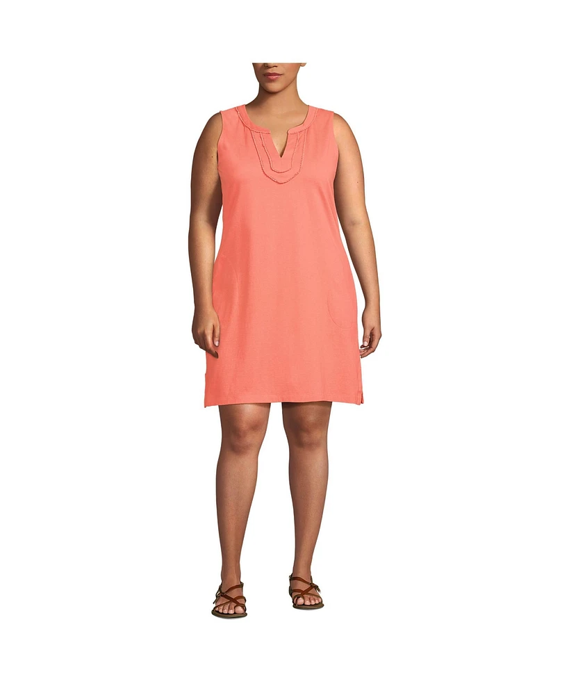 Lands' End Plus Cotton Jersey Notch Neck Dress with Trim