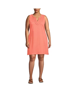 Lands' End Plus Cotton Jersey Notch Neck Dress with Trim