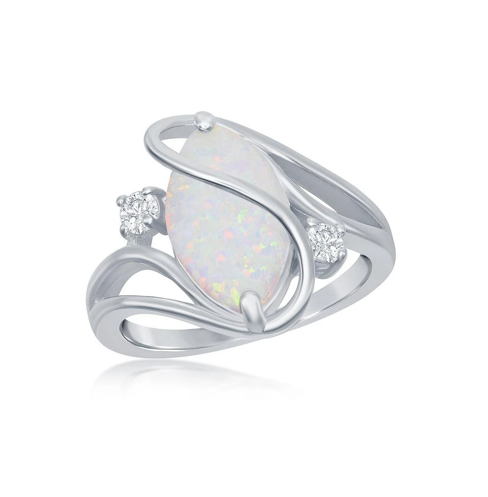 Sterling Silver White Inlay Synthetic Opal Oval Twist With Cz Ring