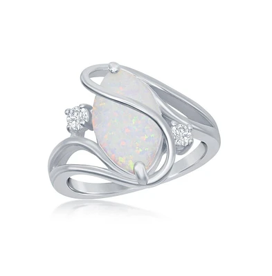 Sterling Silver White Inlay Synthetic Opal Oval Twist With Cz Ring