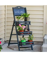 Country Heart 3-Tier Wooden Plant Stand with Chalkboard - Wood Ladder Shelf For Plants Indoor or Outdoor Use 41" H White