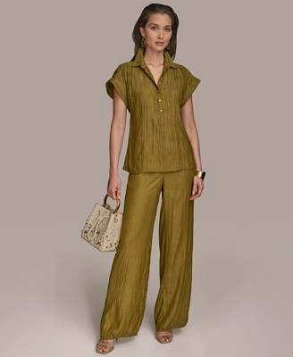 Donna Karan New York Womens Crinkled Cap Sleeve Shirt Wide Leg Pants