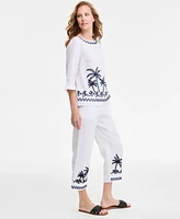 Charter Club Women's Woven-Applique 100% Linen Pull-On Cropped Pants, Exclusively at Macy's