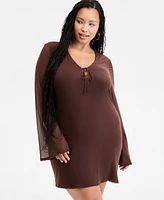 Bar Iii Plus Long-Sleeve Solid-Mesh Mini Dress, Exclusively at Macy's