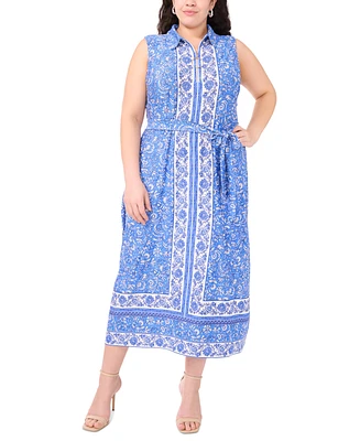 Msk Plus Zip-Front Border-Print Belted Midi Dress