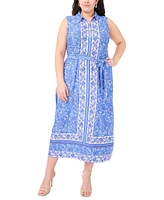 Msk Plus Zip-Front Border-Print Belted Midi Dress