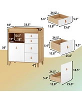Multi-purpose diaper table with four drawers, baby changing station with multiple storage compartments and drawers, natural wood