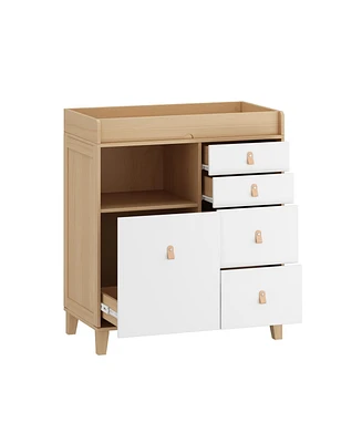 Multi-purpose diaper table with four drawers, baby changing station with multiple storage compartments and drawers, natural wood