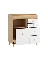 Multi-purpose diaper table with four drawers, baby changing station with multiple storage compartments and drawers, natural wood