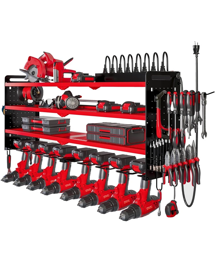 Hausource 4-Tier Power Tool Organizer Wall Mount Tool Storage Workbench W/8 Drill Holder Utility Shelving,Red