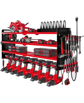 Hausource 4-Tier Power Tool Organizer Wall Mount Tool Storage Workbench W/8 Drill Holder Utility Shelving,Red
