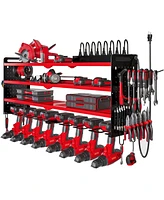 Hausource 4-Tier Power Tool Organizer Wall Mount Tool Storage Workbench W/8 Drill Holder Utility Shelving,Red