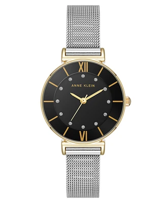 Anne Klein Women's Quartz Premium Round Silver-Tone Stainless Steel Mesh and Black Dial Watch, 29mm