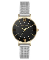 Anne Klein Women's Quartz Premium Round Silver-Tone Stainless Steel Mesh and Black Dial Watch, 29mm