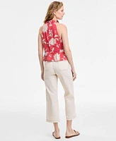 Tommy Hilfiger Womens Floral Print Sleeveless Peplum Halter Top Wide Leg No Waistband Cropped Denim Jeans