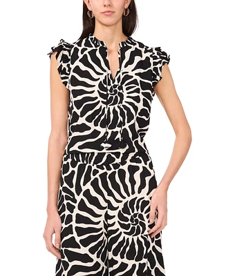 Vince Camuto Women's Spiral-Print Ruffle-Trim Split-Neck Top