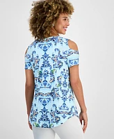 Jm Collection Women's Printed Short-Sleeve Cold-Shoulder Top, Created for Macy's