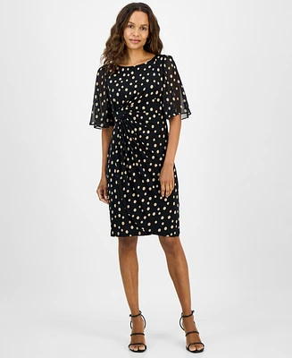 Connected Petite Printed Side-Shirred Butterfly-Sleeve Dress