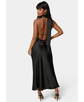 Bebe Women's Sash Neck One Shoulder Satin Midi Dress