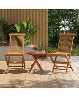 3PCS Patio Bistro Set Round Table Teak Wood Folding Chair Slatted Tabletop Seat