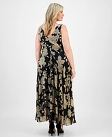 Taylor Plus Printed Tie-Waist Pleated Maxi Dress