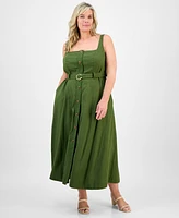 Taylor Plus Square-Neck Belted Button-Front Dress