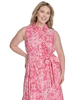 Jessica Howard Plus Printed Tie-Waist Sleeveless Midi Dress