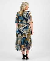Connected Plus Printed Tie-Waist Ruffle-Hem Dress