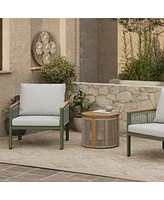 LuxenHome Outdoor Aluminum with Wood-Style Plastic Armchairs with Cushions, Set of 2