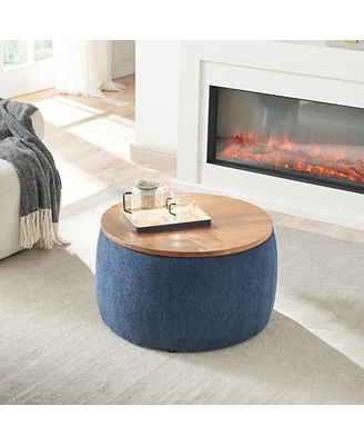 Round Upholstered Storage Ottoman with Removable Top for Use as Coffee Table or Footstool Handmade Accent Living Room Bedroom-The Pop Home