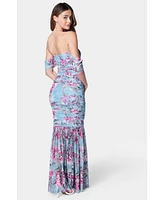 Bebe Women's Off Shoulder Ruched Mesh Gown