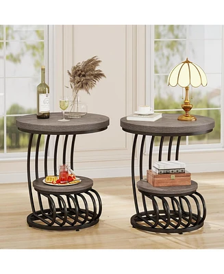 Tribesigns Round End Side Table Set of 2， 2 Tiers Table, Vintage for Living Room