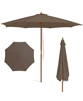 Gymax 10FT Wooden Market Table Umbrella Pulley Sunshade Canopy w/8 Bamboo Ribs